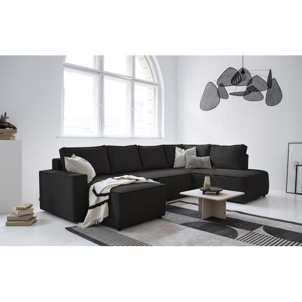 Antracitno siva raztegljiva kotna sedežna garnitura iz rebrastega žameta (desni kot/v obliki črke "U") Brave Dave – Miuform-image-4