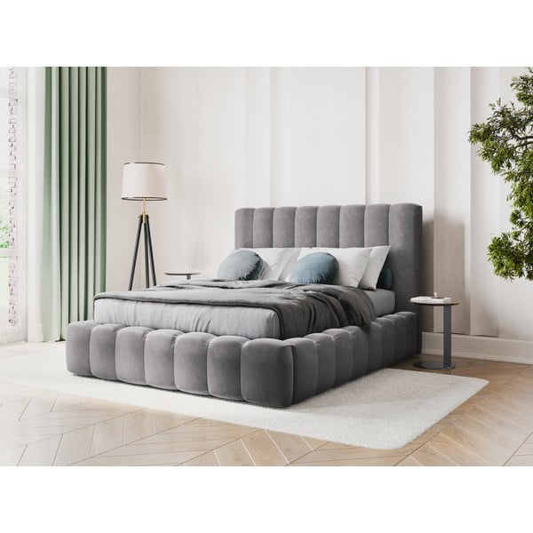 Siva oblazinjena zakonska postelja s prostorom za shranjevanje z letvenim dnom 160x200 cm Kelp - Micadoni Home-image-1