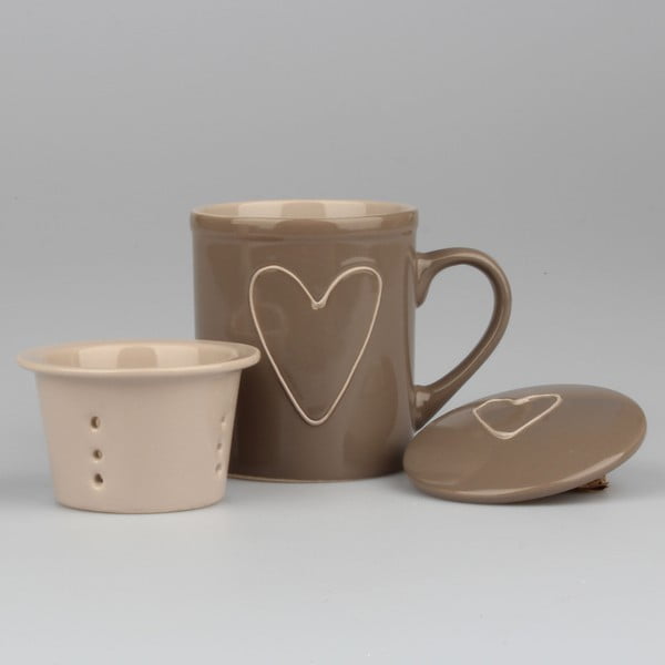 Ročno okrašena rjava keramična skodelica s cedilom za čaj Dakls Heart, 325 ml