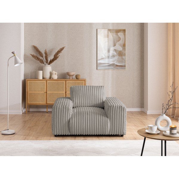 Svetlo siv fotelj iz rebrastega žameta Justin – Ropez-image-1