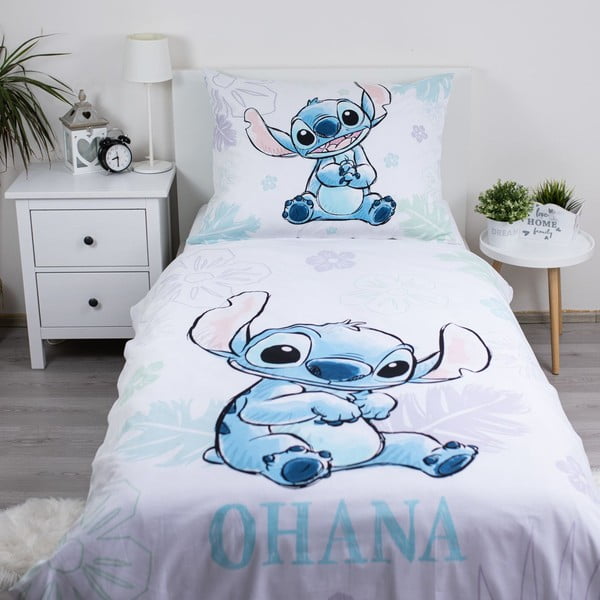Bela enojna bombažna otroška posteljnina 140x200 cm Lilo and Stitch "Ohana White" – Jerry Fabrics-image-1