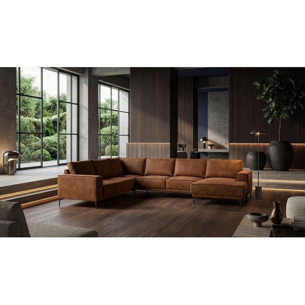 Kotna sedežna garnitura iz imitacije usnja v konjak rjavi barvi (desni kot/v obliki črke "U") Copenhagen – Scandic-image-1