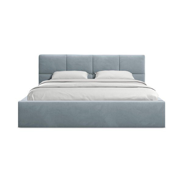 Svetlo modra žametna oblazinjena zakonska postelja s prostorom za shranjevanje z letvenim dnom 140x200 cm Hiko – Makamii-image-3