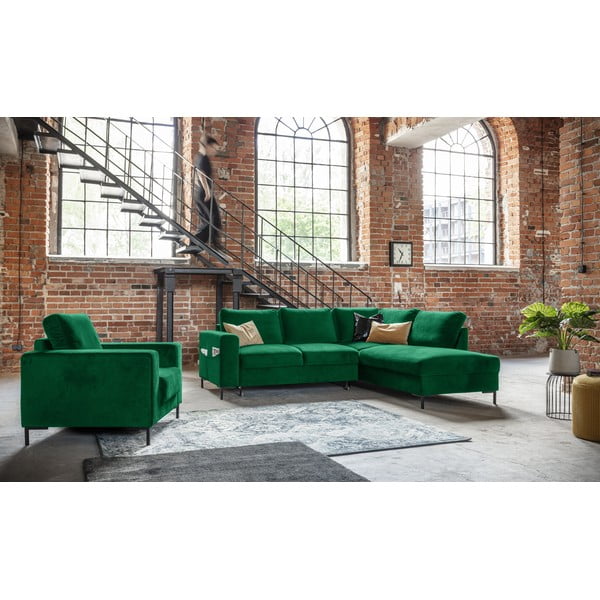 Temno zelena žametna raztegljiva kotna sedežna garnitura (desni kot) Lofty Lilly – Miuform-image-1