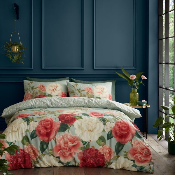Zelena/rožnata enojna bombažna posteljnina 135x200 cm Rose Garden – RHS