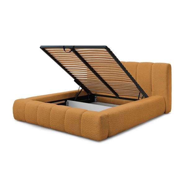 Gorčično rumena oblazinjena zakonska postelja s prostorom za shranjevanje z letvenim dnom 160x200 cm Denali – Bobochic Paris-image-4