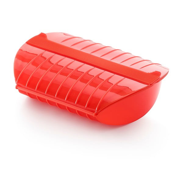 Rdeča silikonska posoda s pladnjem za kuhanje v pari za 3 do 4 obroke Lékué Steam Case