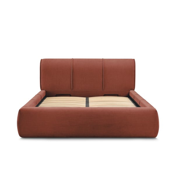 Oranžna oblazinjena zakonska postelja s prostorom za shranjevanje in letvenim dnom 180x200 cm Vernon – Bobochic Paris-image-3