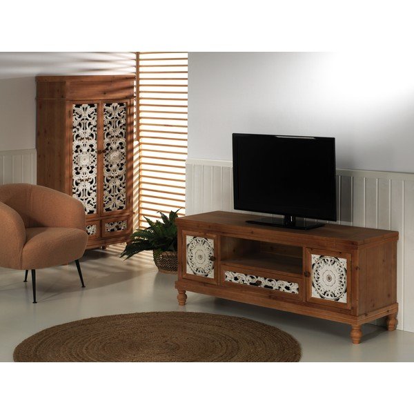 Bela/naravna TV omarica iz masivne smreke 140x58 cm Agrabah – Burkina-image-1
