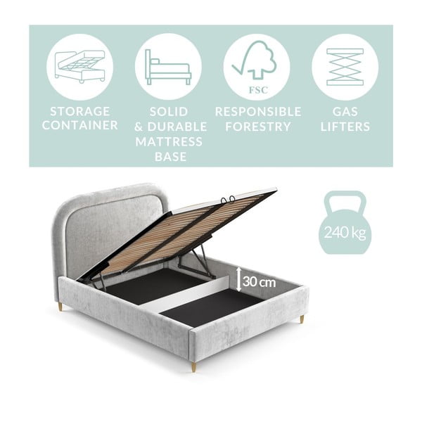 Svetlo siva oblazinjena zakonska postelja s prostorom za shranjevanje z letvenim dnom 180x200 cm Mija – Maison de Rêve-image-3