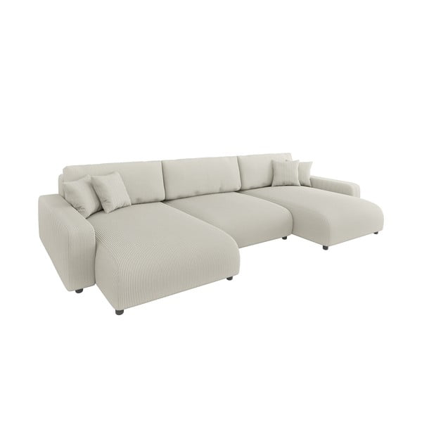 Kremno bela raztegljiva kotna sedežna garnitura iz rebrastega žameta s prostorom za shranjevanje Sara – Ropez