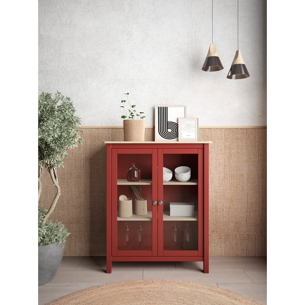 Rdeča/naravna vitrina iz masivnega bora 90x110 cm Misti – Marckeric-image-1