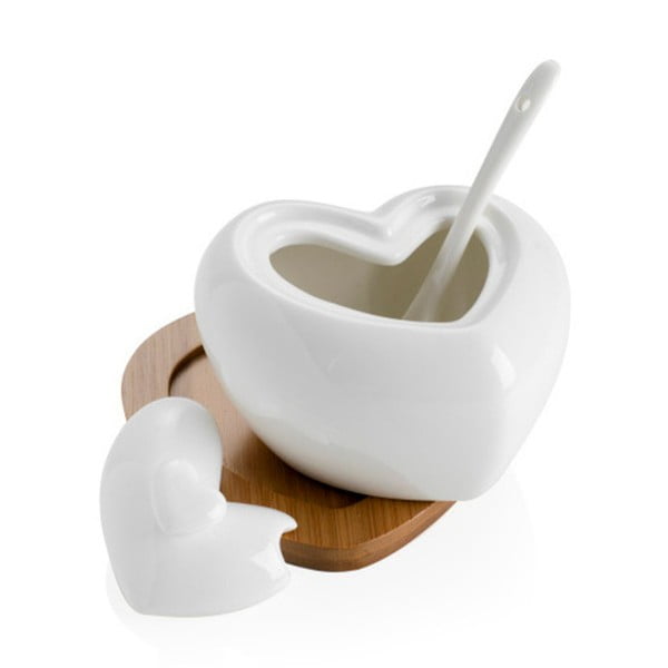 Porcelanasta posoda za sladkor z žlico in podstavkom iz bambusa Brandani Heart-image-4