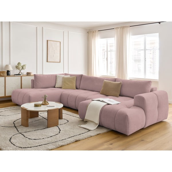 Rožnata raztegljiva/s prostorom za shranjevanje kotna sedežna garnitura (levi kot/v obliki črke "U") Fuji – Bobochic Paris-image-1