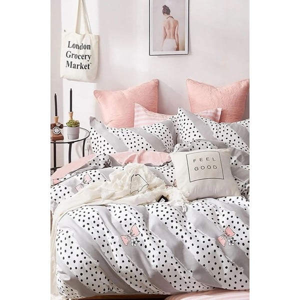 Bela/rožnata podaljšana bombažna posteljnina za zakonsko posteljo z rjuho 200x220 cm Bow and Polka-Dot – Mila Home