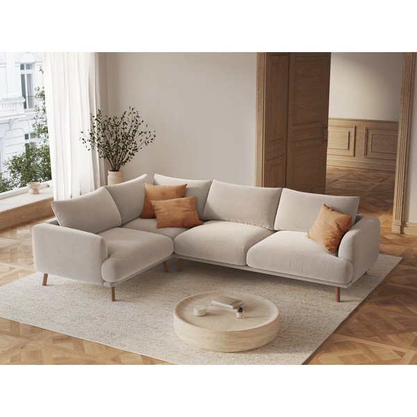 Bež žametna kotna sedežna garnitura (levi kot/v obliki črke L) Naomi – Micadoni -image-1