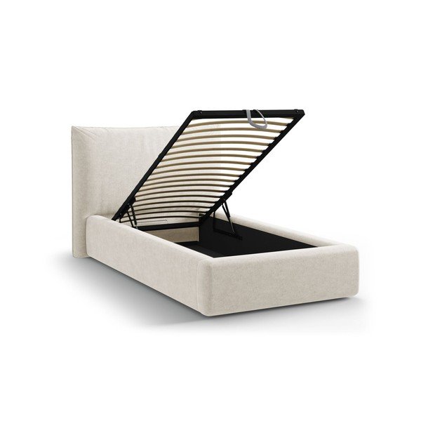 Kremno bela oblazinjena postelja s prostorom za shranjevanje in z letvenim dnom 90x200 cm Kaelle – Micadoni -image-1