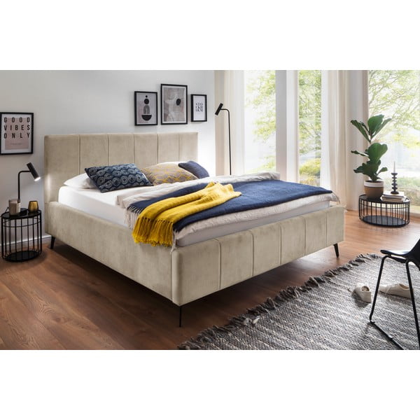 Bež oblazinjena zakonska postelja s prostorom za shranjevanje z letvenim dnom 180x200 cm Lizzano – Meise Möbel-image-1