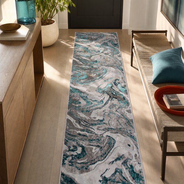 Siv/turkizen tekač 80x300 cm Marbled – Flair Rugs-image-2
