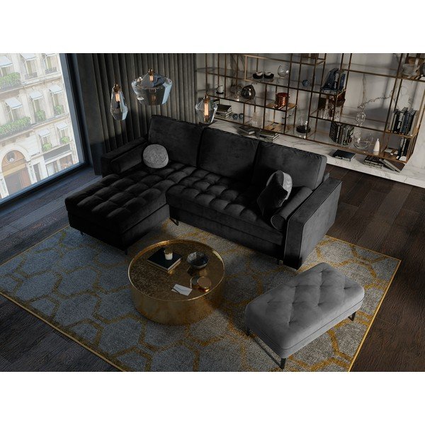 Črna žametna raztegljiva sedežna garnitura Milo Casa Santo, levi kot-image-1