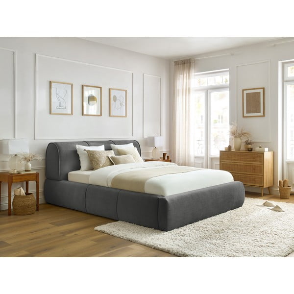 Siva oblazinjena zakonska postelja s prostorom za shranjevanje in letvenim dnom 180x200 cm Vernon – Bobochic Paris-image-1