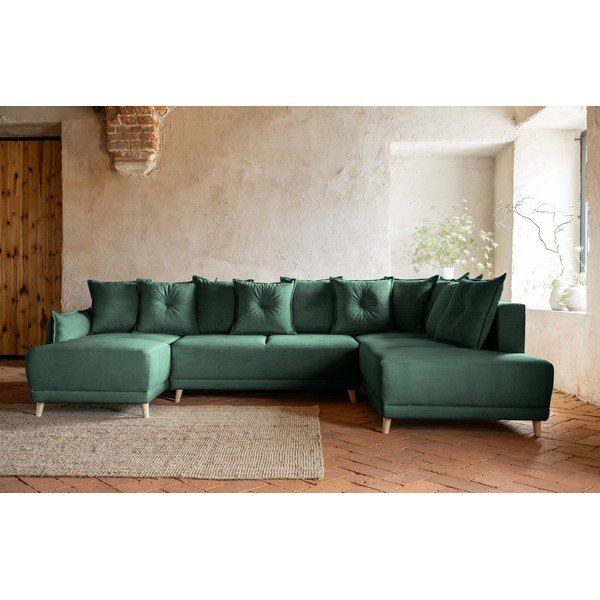 Zelena raztegljiva kotna sedežna garnitura iz rebrastega žameta (desni kot/v obliki črke "U") Lazy Lukka – Miuform-image-1