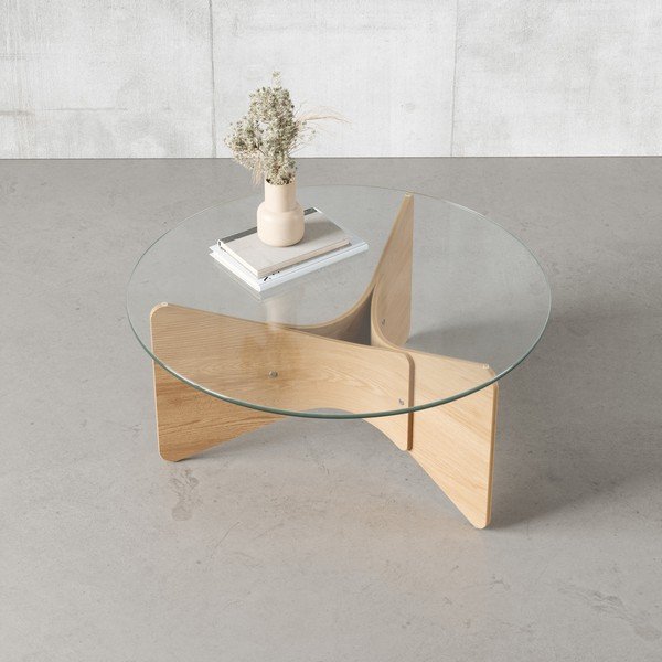 Okrogla mizica s stekleno mizno ploščo v naravni barvi ø 84 cm Madera – Umbra-image-1