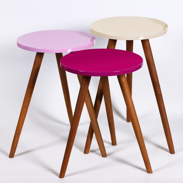 Komplet 3 okroglih stranskih mizic Kate Louise (vijolična, rožnato-kremasta)