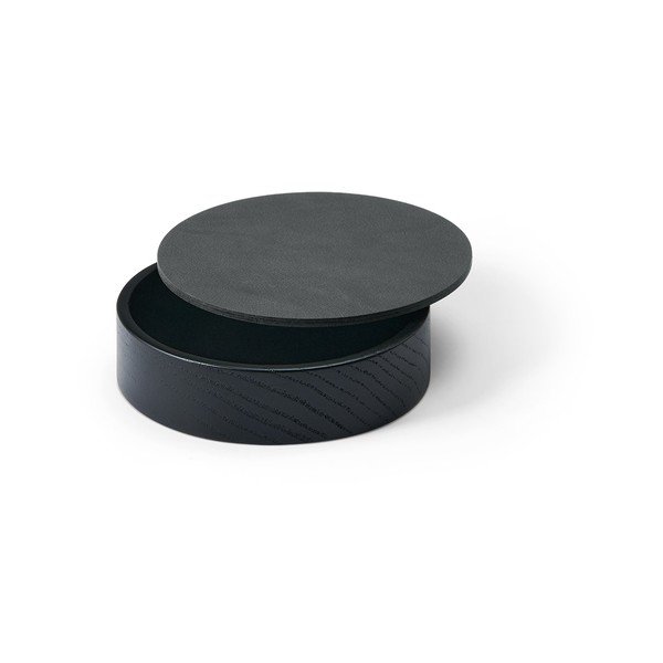 Črno-antracitno siva dekorativna škatla za shranjevanje s pokrovom iz lesa in eko usnja ø 11x3,5 cm Circle Nupo – LIND DNA-image-1