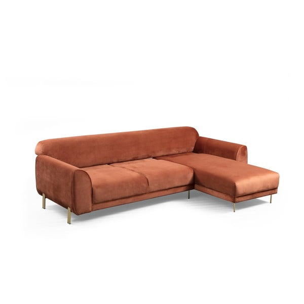 Oranžno-rjava kotna raztegljiva sedežna garnitura z žametno površino Artie Image, desni kot-image-2