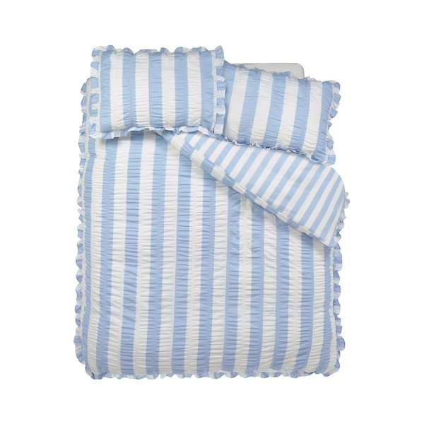 Modra posteljnina za zakonsko posteljo 200x200 cm Seersucker Frill Stripe – Catherine Lansfield