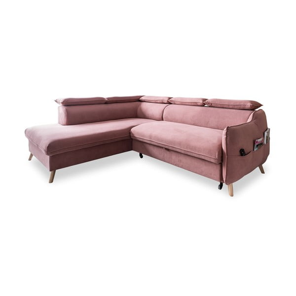 Svetlo rožnata žametna raztegljiva kotna sedežna garnitura (levi kot) Sweet Harmony – Miuform