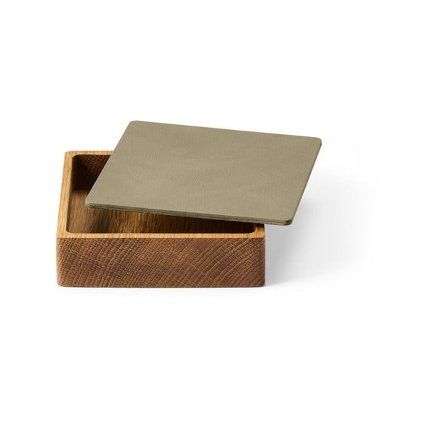 Zelena dekorativna škatla za shranjevanje s pokrovom iz lesa in eko usnja 11x11x3,5 cm Square Nupo – LIND DNA-image-1
