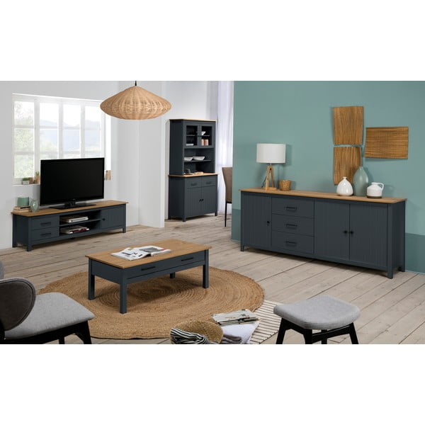 Temno modra nizka komoda iz masivnega bora 190x80 cm Miranda – Marckeric-image-1