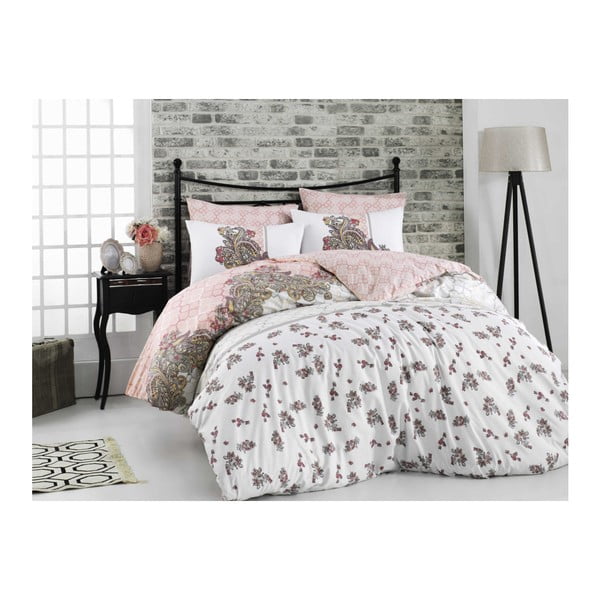 Ranforce bombažna posteljnina z rjuho za zakonsko posteljo Emiliana Pink, 200 x 220 cm