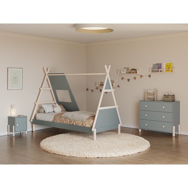 Prašno zelena otroška postelja iz masivnega bora v obliki hiške z letvenim dnom 90x200 cm Enola – Marckeric-image-1