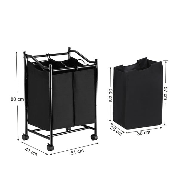 Črna košara s kolesi in 2 segmentoma za perilo Songmics-image-2