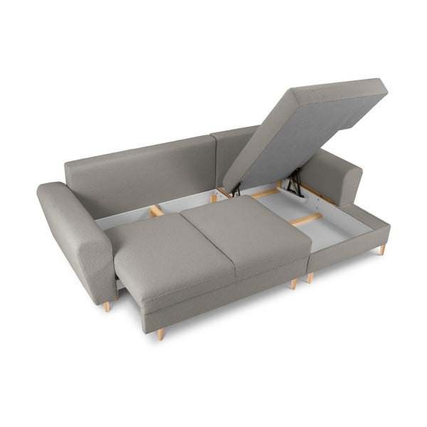 Svetlo siva raztegljiva kotna sedežna garnitura s prostorom za shranjevanje iz tkanine bouclé (desni kot/z ležalnikom) Kyoto – Cosmopolitan Design-image-3