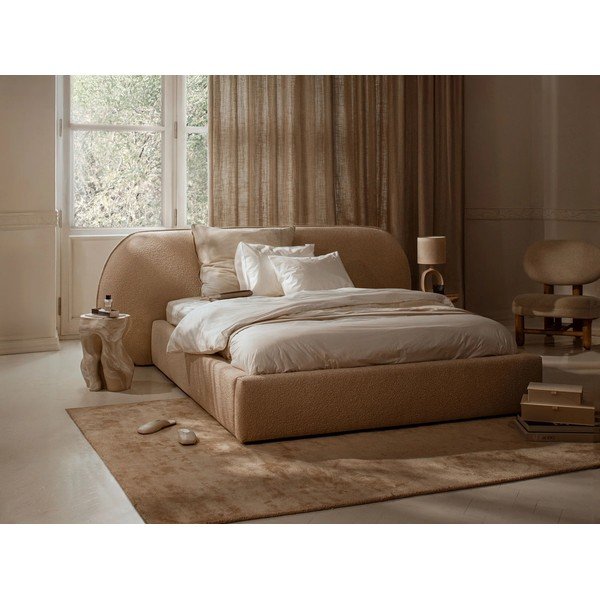 Bež oblazinjena zakonska postelja s prostorom za shranjevanje in z letvenim dnom 200x200 cm Ovalo – Micadoni -image-1