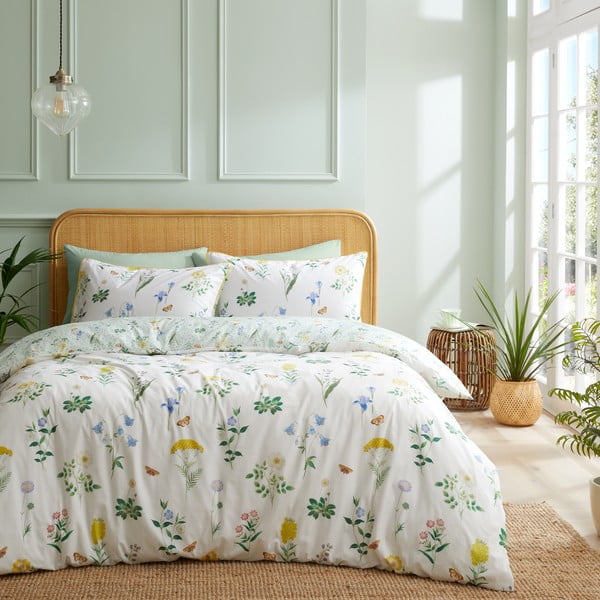 Bela/zelena enojna bombažna posteljnina 135x200 cm Botanical Cottage Garden – RHS