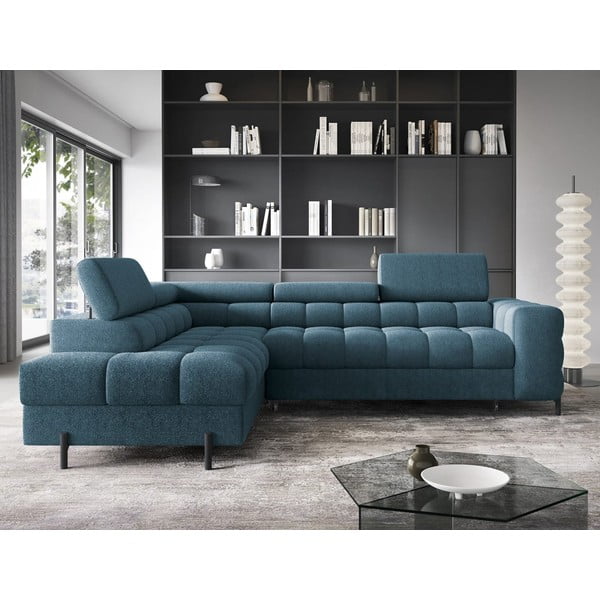 Modra raztegljiva/s prostorom za shranjevanje kotna sedežna garnitura iz tkanine bouclé (levi kot/v obliki črke L) Ferucce – ELTAP-image-1