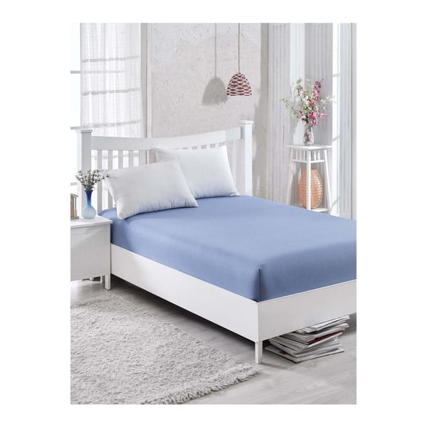 Modra bombažna elastična rjuha za enojno posteljo Barbra, 100 x 200 cm