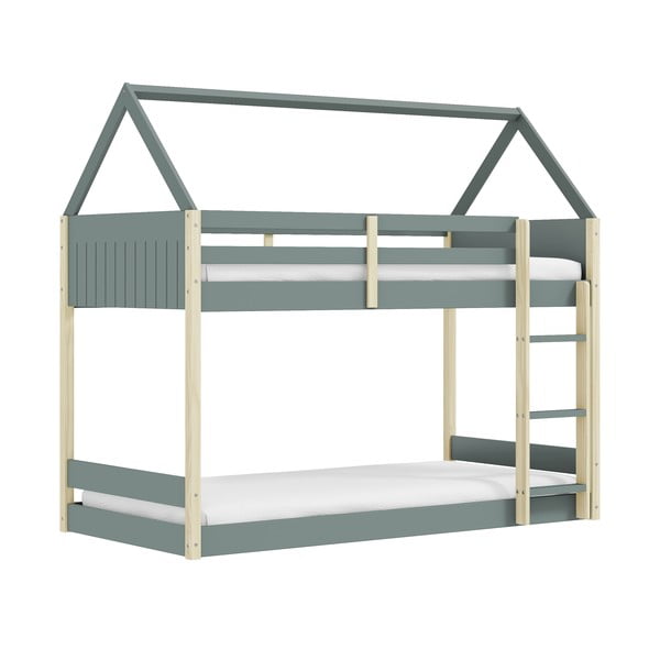 Otroška postelja v obliki hiške/pograd z letvenim dnom 90x190 cm v naravni barvi/prašno zelena Valka – Marckeric-image-2