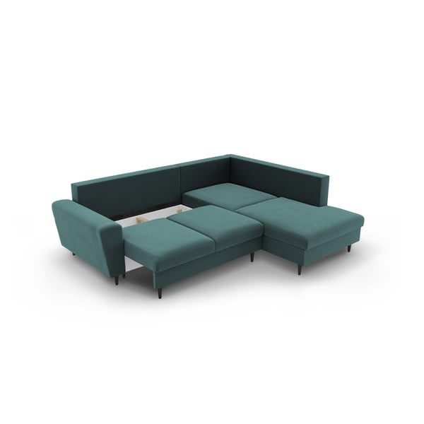 Modrozelena žametna raztegljiva kotna sedežna garnitura s prostorom za shranjevanje (desni kot/v obliki črke L) Kyoto – Cosmopolitan Design-image-3