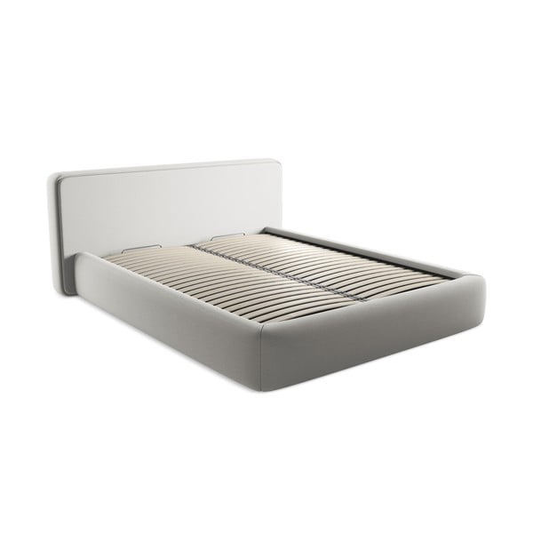 Svetlo siva oblazinjena zakonska postelja s prostorom za shranjevanje z letvenim dnom 160x200 cm Kiana – Makamii