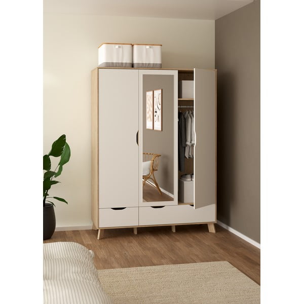 Bela garderobna omara v hrastovem dekorju z ogledalom 147x201x58 cm Ikast – Tvilum-image-2