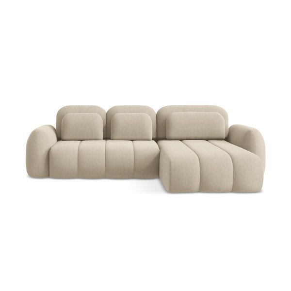 Svetlo rjava raztegljiva kotna sedežna garnitura iz tkanine bouclé s prostorom za shranjevanje (desni kot/z ležalnikom) Pele – Makamii