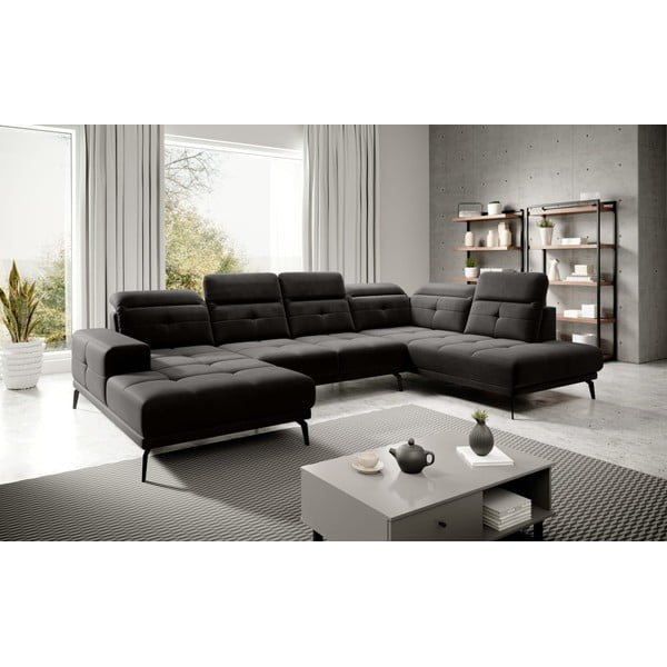 Črna žametna kotna sedežna garnitura (desni kot/v obliki črke "U") Bretan – ELTAP-image-1