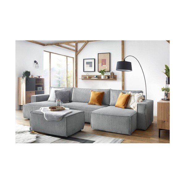 Svetlo siv tabure iz rebrastega žameta Nihad – Bobochic Paris-image-1