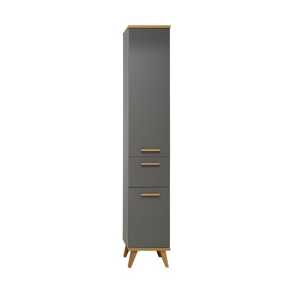Siva visoka ozka kopalniška omarica v hrastovem dekorju 35,5x205 cm Quickset 924 – Pelipal